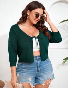 Women's Tie Front 3/4 Sleeve Rib Knit Bolero Open Front Cardigan Sweaters Shrug - 墨綠 - 查看 3