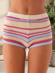 Women's Sexy Party Track Shorts Short Rainbow Stripe Fabric Medium Stretch Rib-Knit - 粉色 - 查看 3