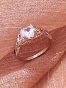 1pc Elegant French Design Romantic Heart Stone Engagement Ring For Women, Unique Hollow Leaf Decor Ring, Perfect Ideal Engagement Wedding Anniversary Party Jewelry Valentine's Day Birthday Gift