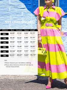 Women's Plus Size 2025 Summer Beach Vacation Dress Contrast Color Striped Lapel Button Butterfly Sleeve A-Line Midi Dress With Adjustable Belt Beach Dresses Holiday Outfit - 黃色 - 查看 4