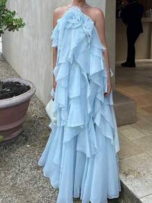 Women Summer Sleeveless Dress 3D Flowers Irregular Ruffles Backless Party Dress For Vacation Cocktail Beach Streetwear - 藍色 - 查看 1