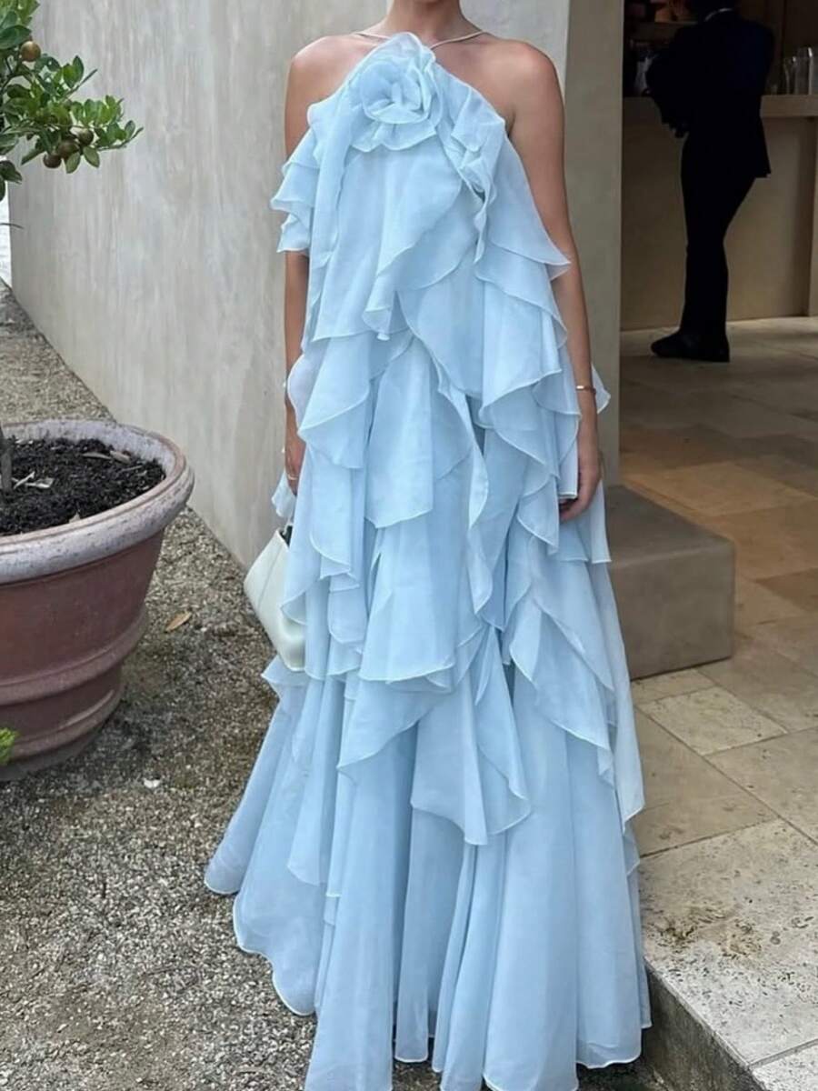Women Summer Sleeveless Dress 3D Flowers Irregular Ruffles Backless Party Dress For Vacation Cocktail Beach Streetwear - 藍色 - 查看 1