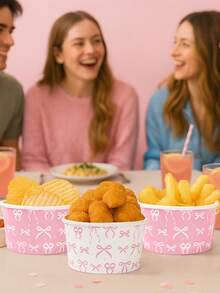 10pcs 8oz White Disposable Paper Bowls, Ice Cream Cups, Popcorn Boxes, Food Containers With Bow Print, Suitable For Home Kitchen, Restaurant Takeout, Picnic, Party, Kitchen Supplies, Food Packaging, White Background With Bow Print, Birthday Party Tableware, Food Delivery And Daily Use, Food Trays, Disposable Dinnerware - White Background With Full Bow - View 10