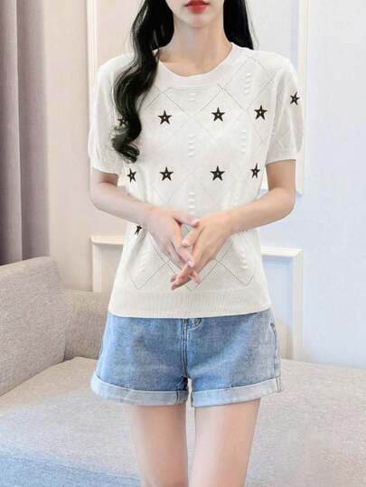 Solid Color Round Neck Star Print Rhinestone Knit Casual Women Top White