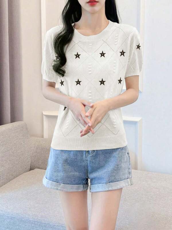 Solid Color Round Neck Star Print Rhinestone Knit Casual Women Top White