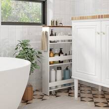 GOFLAME Slim Storage Cart W/Handle, 4-Tier Slide Out Utility Cart, Shelving Unit Organizer Trolley For Narrow Places, Perfect For Laundry, Kitchen, Living Room - Brown - View 3