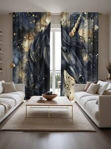 2 件装独角兽数码印花窗帘，半透明涤纶材质，带杆套，可机洗，适用于卧室、客厅、书房、办公室，提供良好的隐私保护 - 彩色 - 查看 3