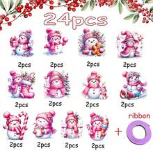 12/24 PIEZAS Decoraciones navideñas de muñeco de nieve rosa - Etiquetas decorativas para árbol de Navidad de papel, regalos para fiestas navideñas, con cintas, sin electricidad y sin plumas