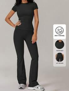 Yefecy Set trening pentru femei, cu guler rotund, 2/4 bucăți, tricou sport confortabil și pantaloni skinny pentru antrenament de yoga și sală, echipament sportiv de vară pentru femei, treninguri pentru femei, ținută Downtown Girl, stilul Four Seasons