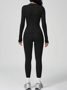 Yefecy Women's Basic Crop Top & Leggings Set Breathable Cotton Linen Blend High Waist Loose Fit Gym Casual Essentials - Black - View 2
