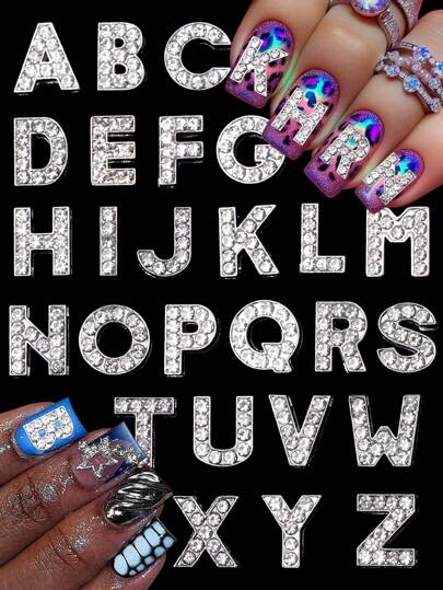26pieces 12mm Silver 3D Alloy Letter High-Gloss Rhinestone Nail Art Decoration Accessories Set. Attractive Handmade DIY Nail Art Mobile Phone Case Decoration Accessories, Without Fragrance. Rhinestones And Decorations.