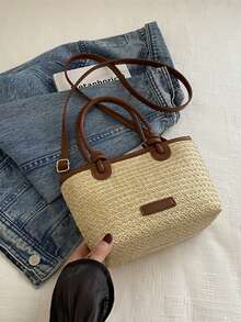 Bolso de paja tejida y bolso de hombro de estilo de playa de vacaciones 2025, elegante bolso de cesta con nudo de cuerda - Marrón - Ver 8