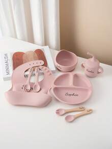1pc/2PCS/8PCS Custom Baby Tableware Print On Demand Baby Bowl Plate Dishes Personalized Customization Name Baby Bib Soft Baby Spoons And Forks Solid Color Baby Sippy Cup, Son, Daughter,Christmas Gift