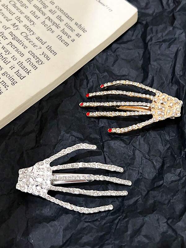 2pcs Vintage Halloween Alloy Claw & Crystal Palm Shaped Hair Clips, Bangs Clips