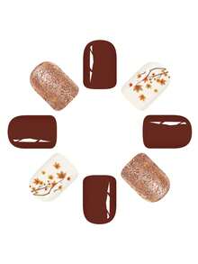 24 片装短款欧式方形假指甲，咖啡色闪粉枫叶短款亮面方形指甲可佩戴假指甲贴片，全覆盖可拆卸美甲套装，适合派对、舞会、日常佩戴。按压式指甲 美甲用品 美甲 - 彩色 - 查看 3