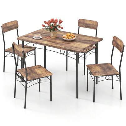  GOFLAME Dining Table Set For 4, 5-Piece Industrial Kitchen Dining Room Furniture W/ Wood Rectangular Table, 4 Chairs, Metal Frame, Space-Saving Dinette Set For Small Place Apartment, Breakfast Nook