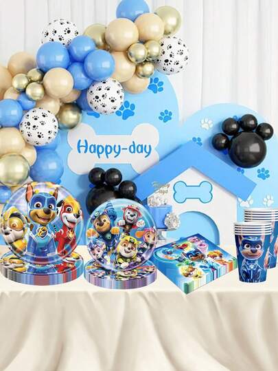 Paw Patrol Tableware, 50pcs  Cartoon-Themed Birthday Party Supplies, 10 7-Inch Paper Plates, 10 9-Inch Paper Plates, 10 Paper Cups, 20 Tissues, 10-Person Disposable Party Tableware Set, Party Decoration Props And Supplies, Suitable For Family Gatherings, Birthday Parties, Halloween And Christmas Parties, Birthday Celebrations, Anniversaries, Carnivals, Festival Events Outdoor BBQ Camping Party