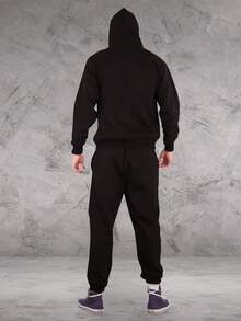 LoveMyFashions Men's 2pcs Set Tracksuit Full Sleeve Solid Color Drawstring Waist Zip Up Hoodie & Sweatpants Two Pieces Set With Pockets - Black/Red - View 5