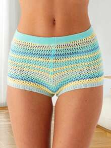Women's Y2K Striped Crochet Knit Shorts Rainbow Color Block Elastic Waisted Comfy Lounge Mini Shorts - Màu xanh lam - Xem 2