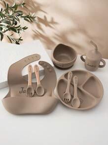 8PCS Print On Demand Custom Name Pattern Baby Silicone Tableware Set Personalized Customization Sucker Bowl Plate Leakproof Baby Cup Baby Bib Soft Spoons Forks,Halloween Edit,Back To School Fashion,Christmas Gift - Multicolor - View 8