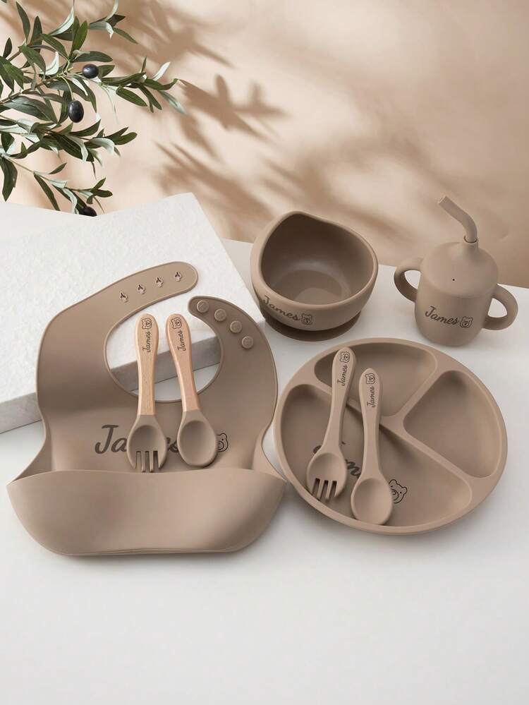 8PCS Print On Demand Custom Name Pattern Baby Silicone Tableware Set Personalized Customization Sucker Bowl Plate Leakproof Baby Cup Baby Bib Soft Spoons Forks,Halloween Edit,Back To School Fashion,Christmas Gift - Multicolor - View 8