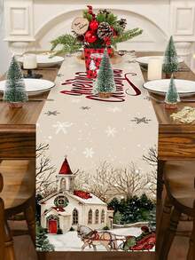 1 pièce Nappe thème de Noël, 35x180cm, thème de Noël vintage, motif d'église enneigée, thème des fêtes de Noël pour décoration de table à manger, convient pour les restaurants, les salons, les rassemblements familiaux de Noël, tissu d'hiver.