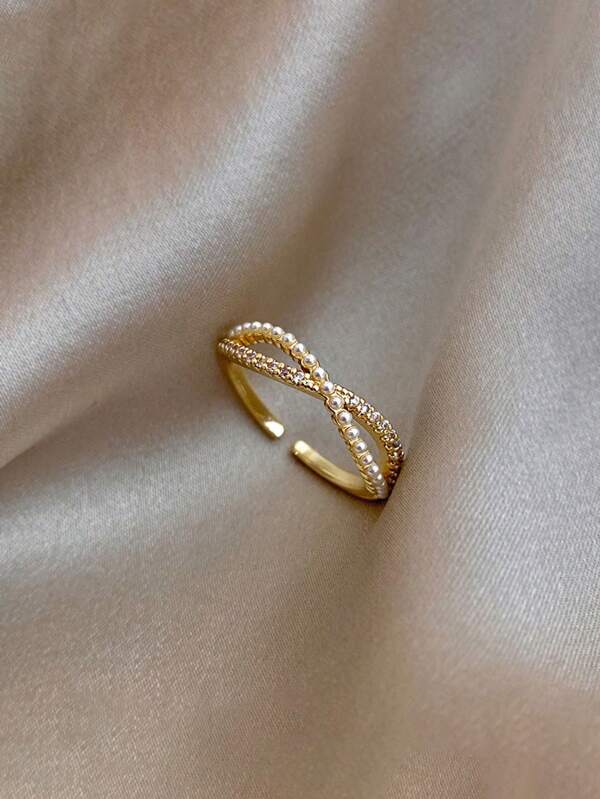 1pc Copper Fashionable Luxury Minimalist Pearl & Diamond Cross Open Knuckle/Toe Ring, Suitable For Daily Wear And Valentine's Day Gift