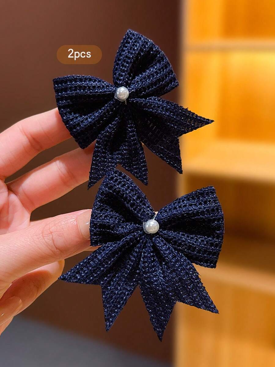 2pcs Faux Pearl Bow Hair Clips, Sweet Style Suitable For Daily Use - Navy Blue - View 1