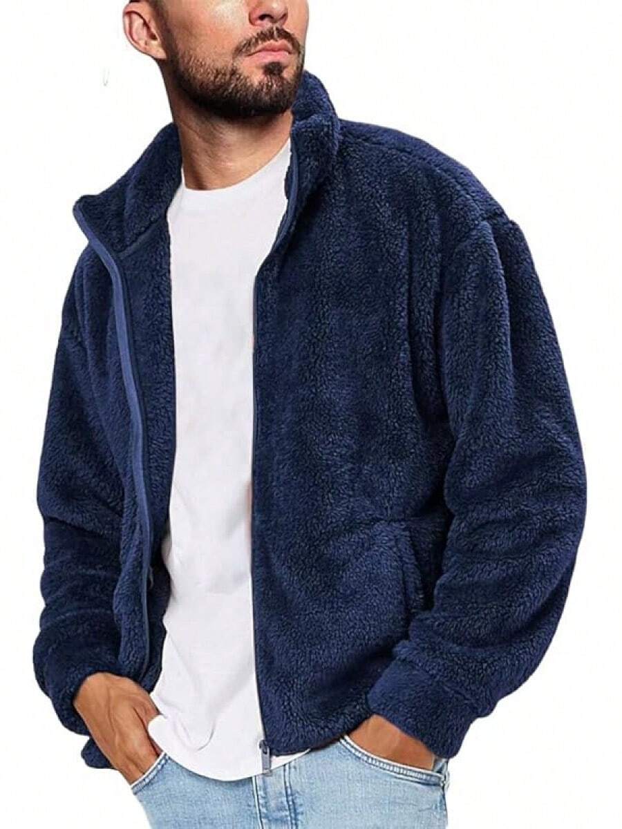 Mens Fuzzy Sherpa Jacket Cardigan Fleece Long Sleeve Full Zip Open Front Thermal Coat Fall Winter Outwearhalloween - 海軍 - 查看 1