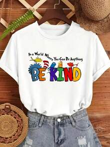100% Cotton Round Neck Short Sleeve Casual Sports T-Shirt For Women,Five Abstract Cartoon Animals On "Be Kind" Colorful Black Letter Vintage Tee,Simple Fresh Fashion Spring And Summer