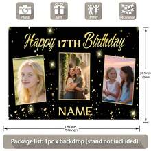 1pc Customizable Photo, Name, Year Black & Gold Glitter Happy Birthday Backdrop Banner, Personalized Gold Glitter Birthday Party Name Decor, Suitable For Cake Table Background, Photography Vinyl Banner ,Travel Organizer - Black Gold - View 3