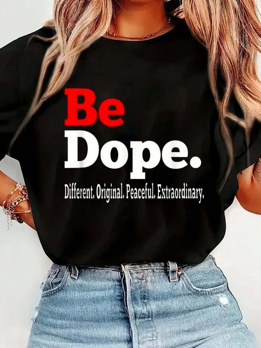 100% Cotton Casual Tshirt Be Dope Women's Men's Streetwear Graphic Tee Black Crew Neck Vacation Tops - Black - View 1