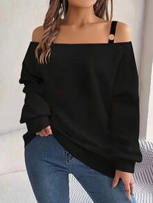Fashionable Minimalist Solid Color Off Shoulder Long Sleeve Sweatshirt, Spring/Autumn - Black - View 3