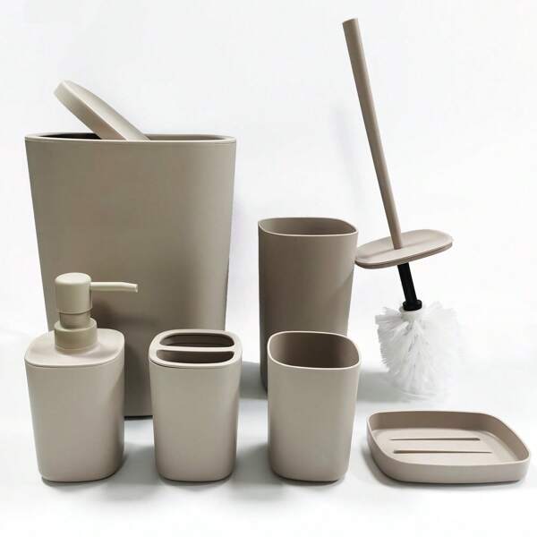 Badezimmer Accessoires - 6 Stücke Set aus Kunststoff mit Zahnbürstenhalter, Zahnputzbecher, Seifenspender und Seifenschale, Toilette-Bürstenhalter, Mülleimer, Trinkglas mit Strohhalm, (Grau, Weiß)
