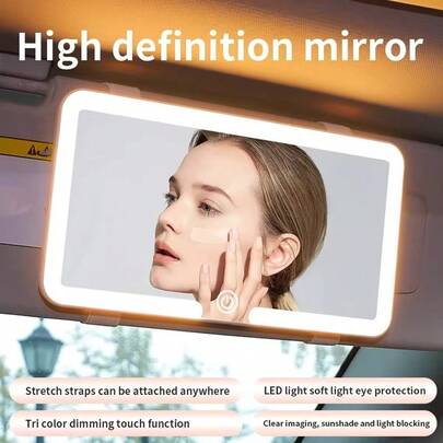 1pc LED Light Makeup Mirror For Car Sun Visors, Rechargeable Makeup Mirror, Adjustable Brightness, 3 Lighting Modes, Touch Screen, Universal For Cars, Trucks And SUV,600mAh