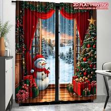 2 piezas Cortinas navideñas con escena de Papá Noel y muñeco de nieve, fondo de madera rústica, diseño de árbol de Navidad y regalo - Poliéster semi-transparente, con ojales para varilla, adecuado para fiestas navideñas y celebraciones de invierno, decoración navideña