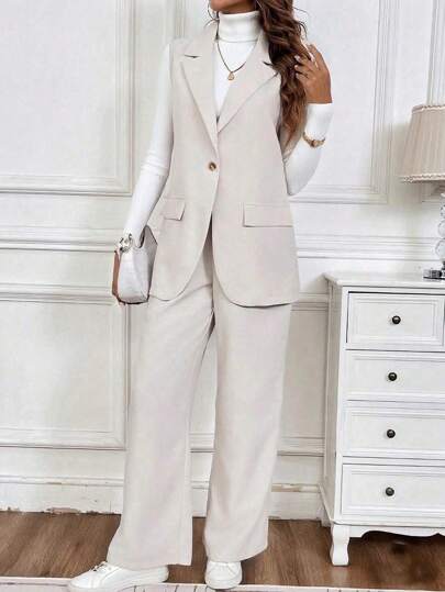 Traje de blazer sin mangas de unicolor y pantalones, ropa de oficina de unicolor versátil y elegante para la oficina