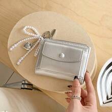 银色裂纹皮革仿珍珠吊坠短款钱包简约双折拉链开合多卡位皮革钱包女士钱包迷你钱包钱包秋季小钱包可爱钱包秋季腕带钱包 - 彩色 - 查看 2