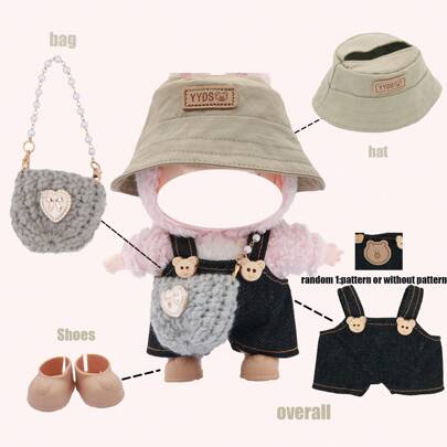 Bucket Hat And Bib Pants Set, For LABUBU, Paired With Knitted Pearl Handbag And Shoes, Fashionable Accessories And Peripherals (Excluding Plush Doll, Only Clothes And Accessories)