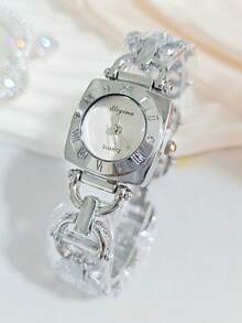 Damenuhr Luxus Edelstahlarmband quadratisches Zifferblatt mit römischen Ziffern, modische Lässig Business Quarzarmbanduhr