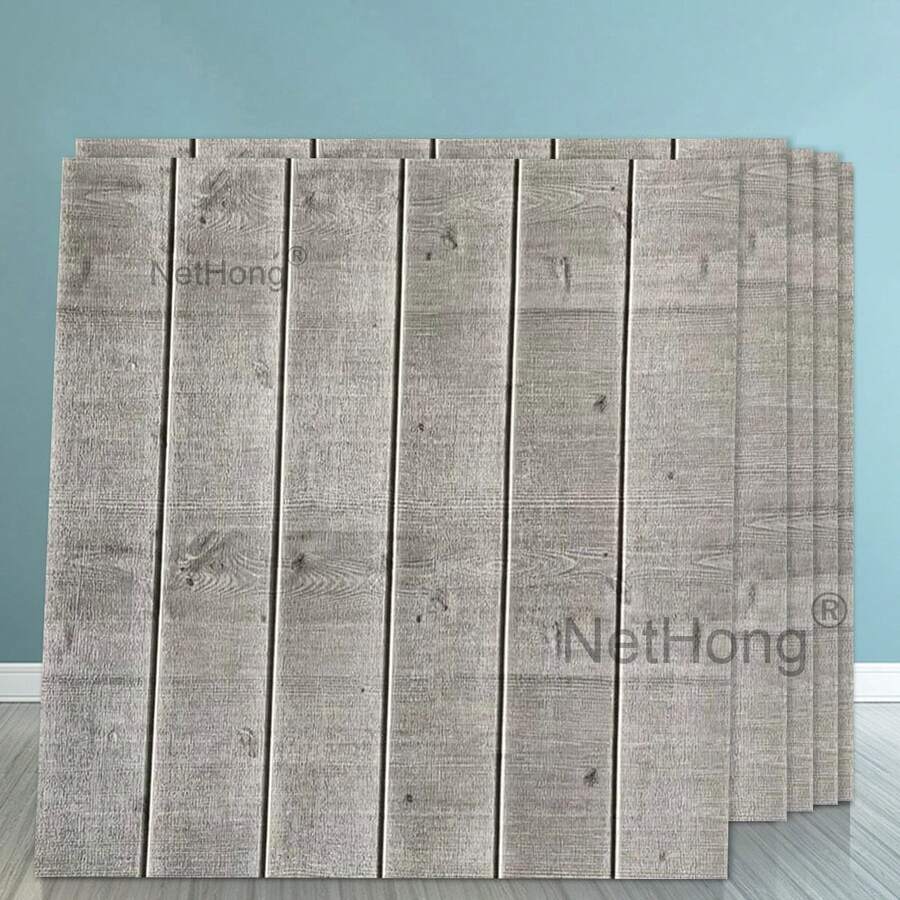 NetHong 3D Textured Wood Plank Wall Sticker - Realistic Gray Weathered Finish - Gray Wood Grain - View 1