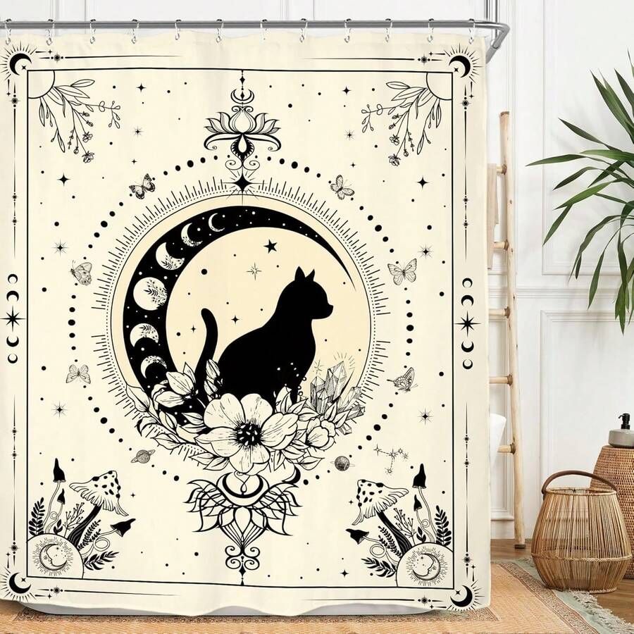 月相星空浴帘套装神秘星座占星术米色新月塔罗牌巫术涤纶浴室窗帘带 12 个挂钩 60x72 英寸防水浴帘可机洗 66x72 英寸柔软浴室浴帘套装带 12 个挂钩 36x72 英寸速干浴帘浴室装饰 - 米色哥德式貓 - 查看 1