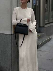 2025 秋冬新品女士优雅长袖圆领罗纹灰杏色纯色毛衣裙长款中长弹力日常穿着简约百搭风格 - 卡其色 - 查看 9