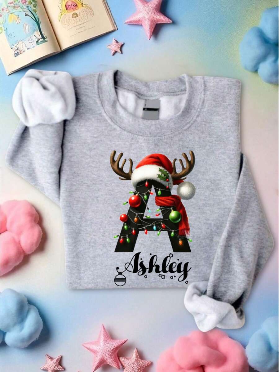 Personalized Family Christmas Alphabet Kids Shirt, Custom Name 2025 Family Matching Christmas Toddler And Youth T-Shirt, Customized Christmas Lights, Winter Holiday Gift, Cousin Crew. CU-53 - 灰色 - 查看 1
