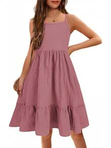 Girl's Summer Sundress Spaghetti Strap Solid Linen Midi Dress Casual Cami Dresses