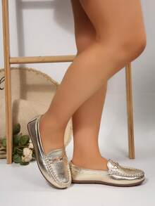 Women's Plus Size Wide Fit Flat Shoes, Brown Color With Butterfly Decor, Handmade Stitching, Casual Slip-On Loafers For Spring Autumn Travel, Sporty Style - Gold - View 1