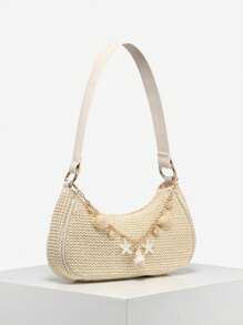 1 件女士复古度假海洋生物仿珍珠樱桃仿毛皮尾巴编织装饰单肩腋下法棍包，适合约会、郊游、度假