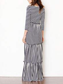 Retro Boho Woven Floral Pink Yellow Maxi Surplice Wrap Sah Dress Front Tie Flutter Sleeve - 條紋 - 查看 6