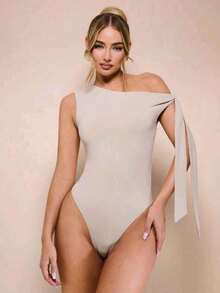 Women's Bodysuit With Tie Bow And Asymmetrical Neckline, Sleeveless, Ideal For Romantic Dates, Casual, Vacation And Summer - 杏色 - 查看 2
