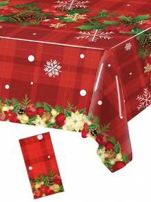 1 块圣诞桌布，一次性 220*130 厘米 PE 红色格子桌布，带圣诞球、红花、雪花、松果图案，圣诞快乐氛围桌布，圣诞快乐装饰，圣诞节装饰，家居圣诞装饰，圣诞饰品，厨房用品，节日桌面装饰，桌面装饰，家居装饰 - 彩色 - 查看 4